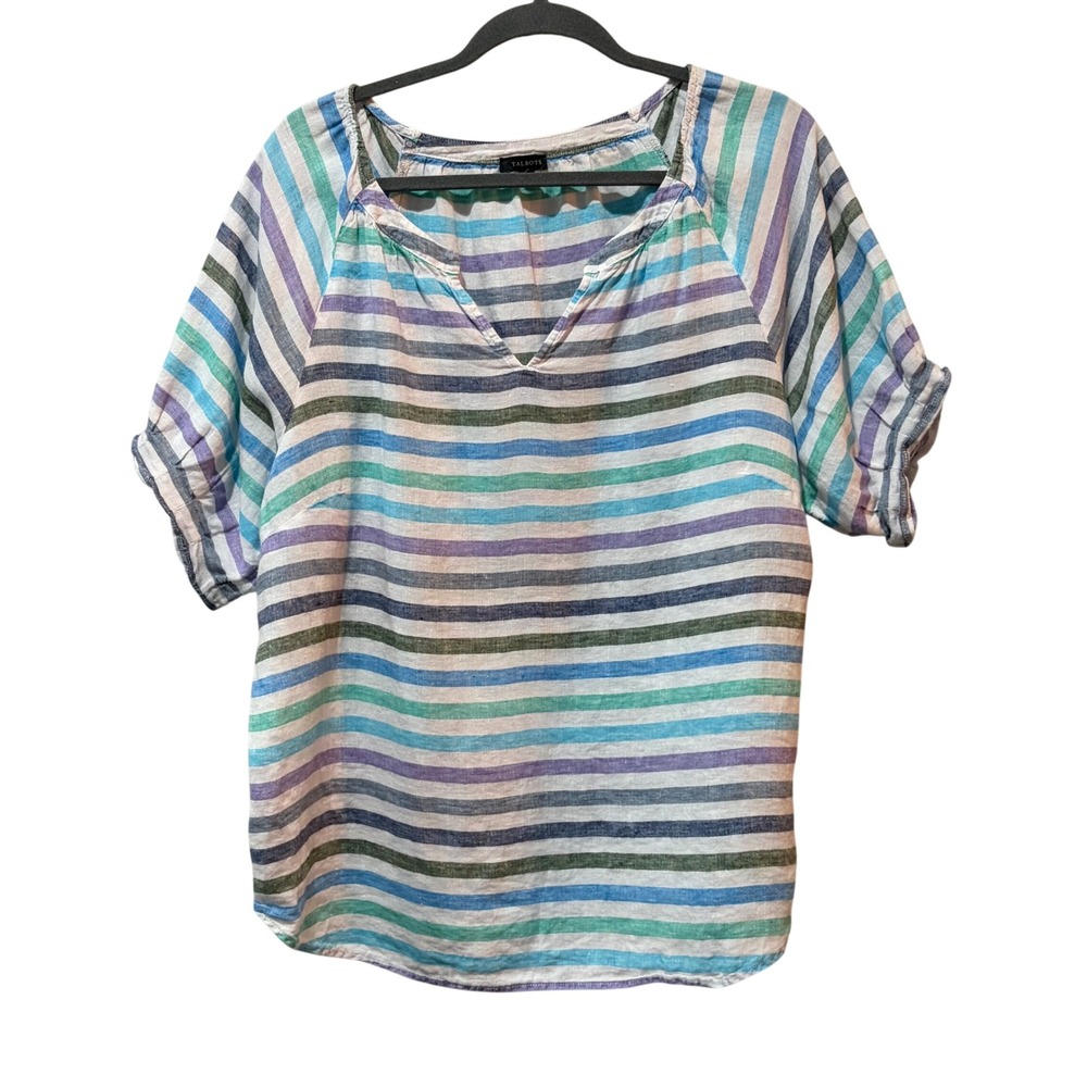 Talbots Linen Blouse Women XL Multi Color Striped V-Neck Short Sleeve Beach